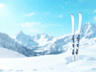 Ski Pole Planted in Snow with Skis Nearby Mountainous Landscape Sports Winter Wonderland Clear Blue Sky Outdoor Adventure
