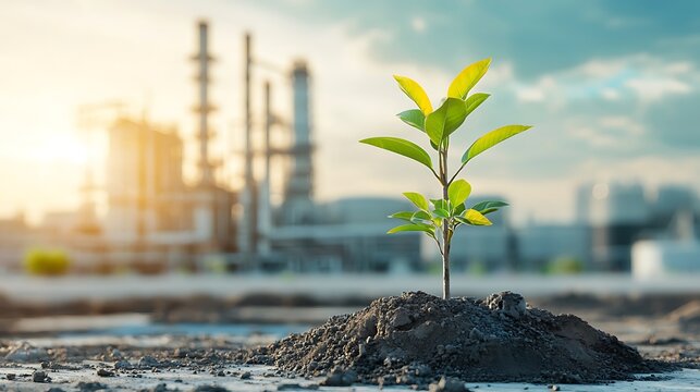Sustainable growth young plant thrives amidst industrial landscape urban environment nature focused