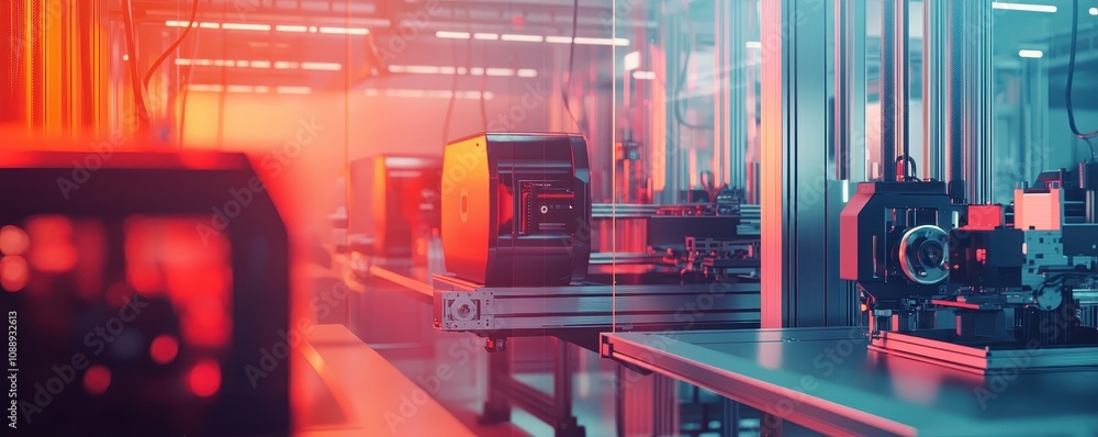 Poster a modern industrial setting with illuminated machinery and a vibrant color palette, showcasing autom