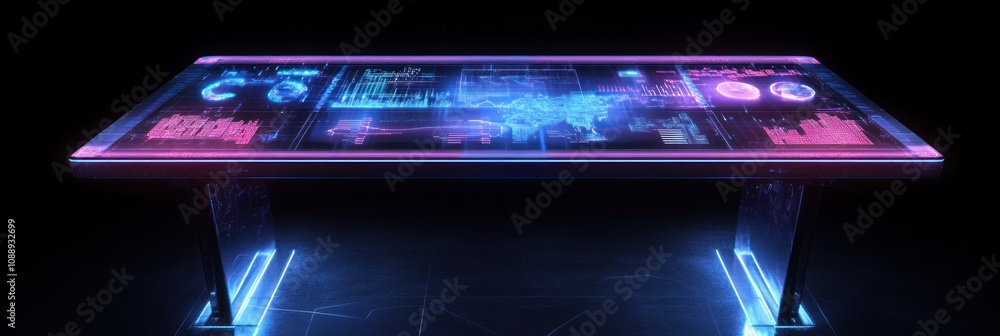 Poster A futuristic holographic table displaying data and analytics in a sleek design.