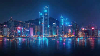 Fototapeta premium A glowing city skyline at night with digital icons representing business growth and SME concepts, highlighting the future of urban entrepreneurship.