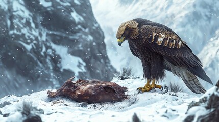 Majestic Golden Eagle Caching a Carcass in the Snowy Landscape of Winter Mountains, Showcasing Striking Features and Natural Behavior of Wildlife
