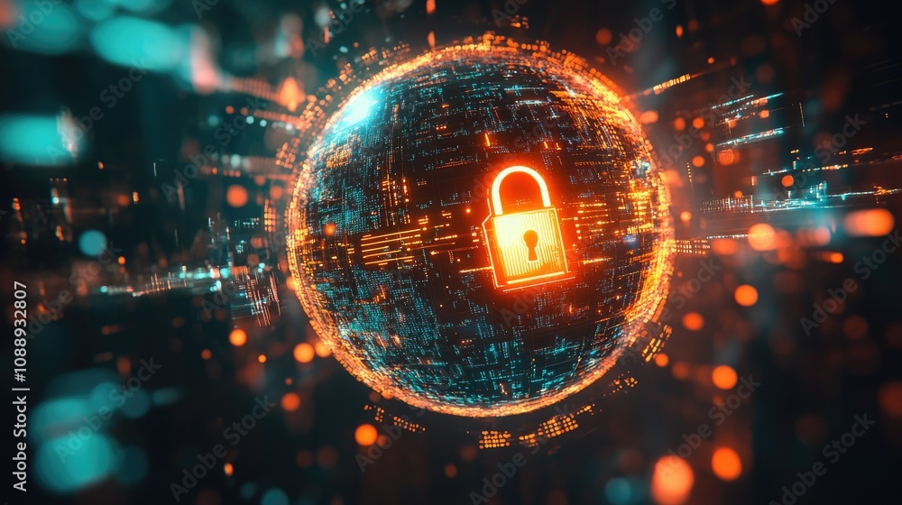 Poster A glowing globe surrounded by a digital lock, with abstract digital elements, illustrating the concept of cybersecurity and data protection in cyberspace.