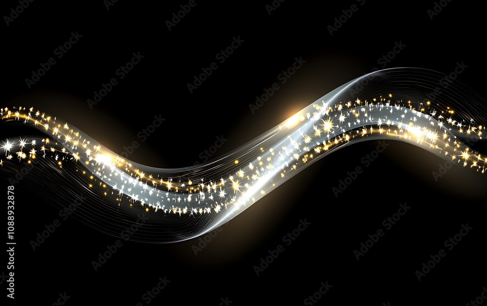 Poster abstract wavy lines with golden and silver sparkles on black background.