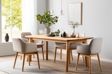 Scandinavian Inspired Dining Room with Light Wood Furniture, Cozy Textiles, and Minimalist Decor for a Serene Eating Space