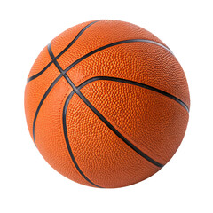 A textured orange basketball with black lines, showing its detailed rubber surface, designed for professional or recreational sports, set against a transparent background