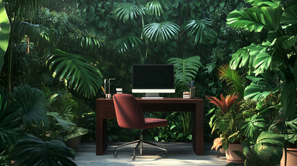 Quiet office setup in a botanical garden surrounded by tropical plants peaceful yet refreshing vibe Copy space