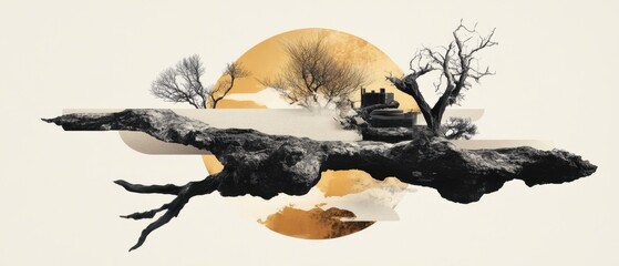 Minimalist collage depicting clean tech and nature growth, blending futuristic machines with organic textures, tech-driven solutions merging with natural forms, eco-focused design in perfect balance