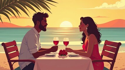 Silhouette of couple in love sitting with glasses of wine at a table on the beach with palm trees on the seashore at sunset, vacation valentines day concept