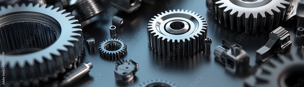 Poster a close-up view of various metallic gears and mechanical components, showcasing intricate designs an