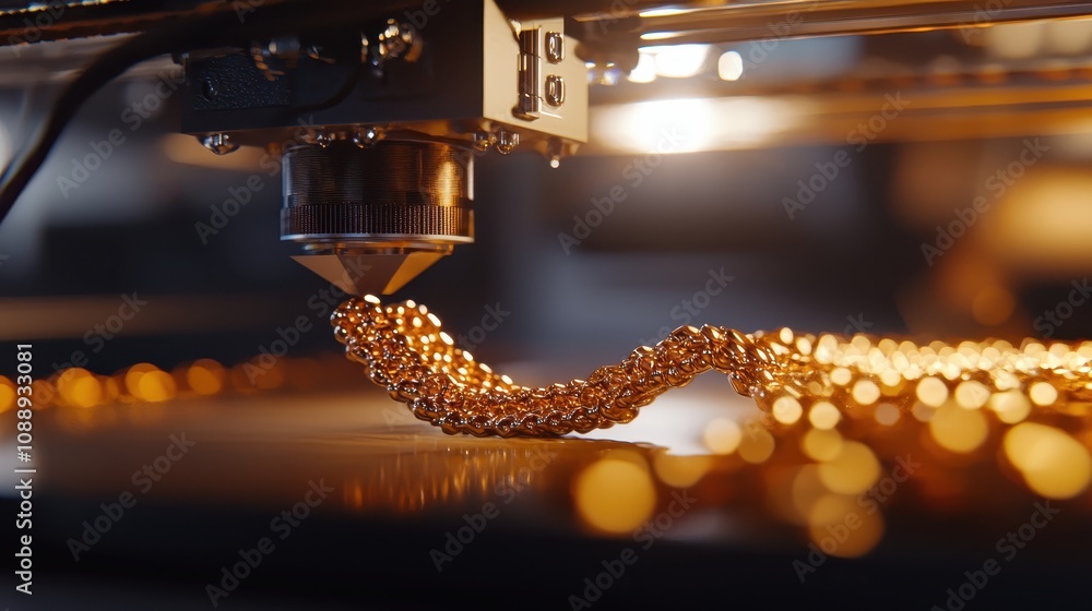 Poster a 3d printer is extruding a golden filament, creating intricate designs on a surface, with a focus o