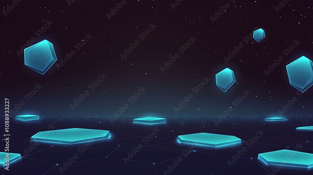 Poster Abstract futuristic landscape with glowing hexagons floating in dark space.