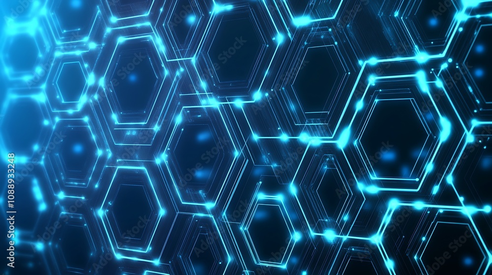 Poster Abstract blue glowing hexagonal network pattern background.