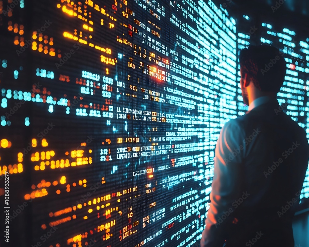 Aufkleber business leader navigating digital obstacles and debugging glowing code wall