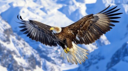 Fototapeta premium Majestic Golden Eagle in Flight Over Snowy Mountains During Migration Season Against a Stunning Alpine Backdrop