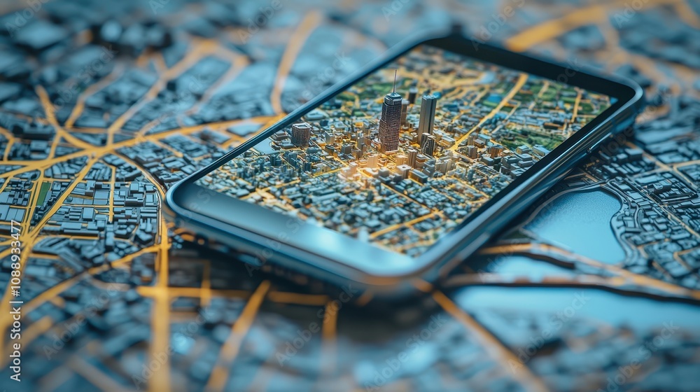 Poster a smartphone displaying a city map rests on a detailed urban layout, illustrating modern navigation 