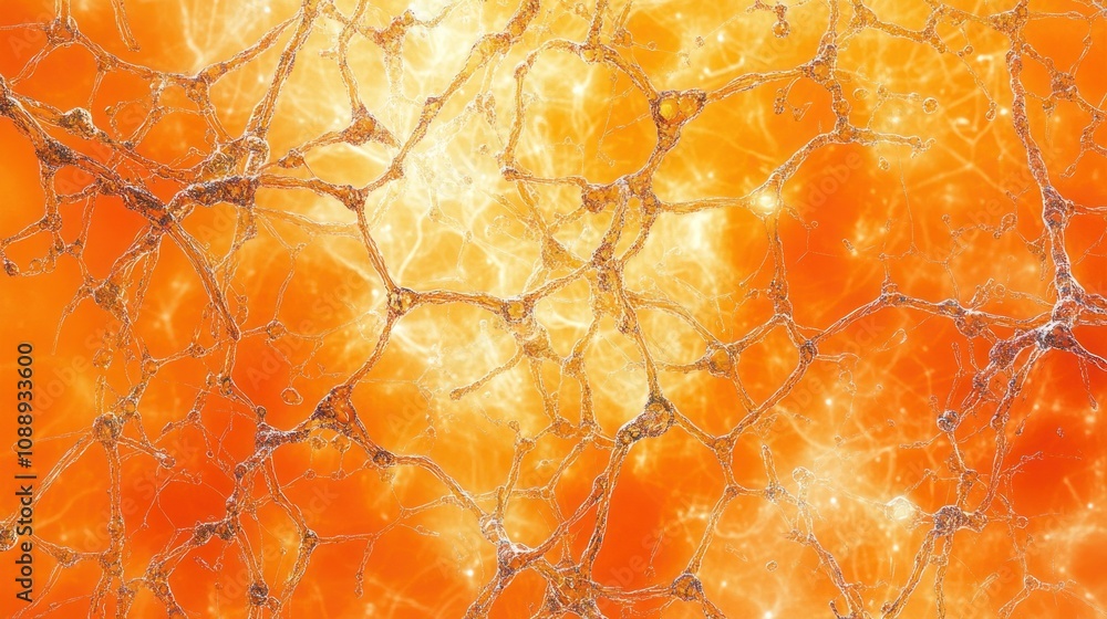 Poster abstract representation of interconnected structures in warm hues.