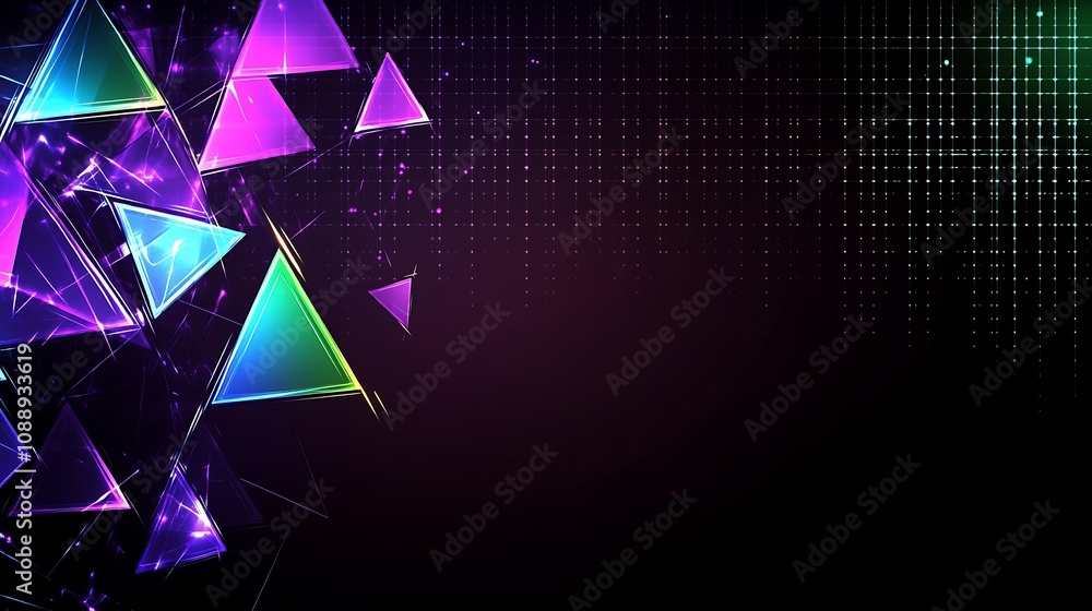 Poster Abstract background with glowing colorful triangles and digital grid.