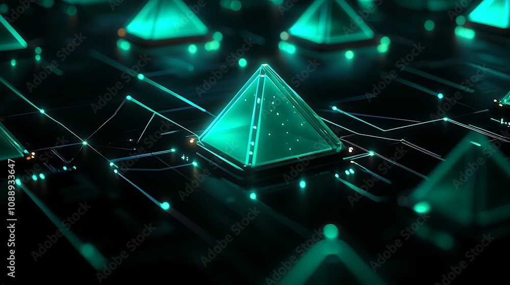 Poster glowing teal pyramids on a dark circuit board background, representing data, technology, or network.