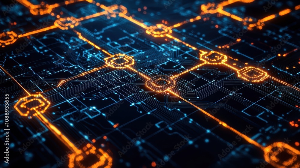 Poster a high-tech abstract network visualization featuring glowing orange nodes and lines against a dark b