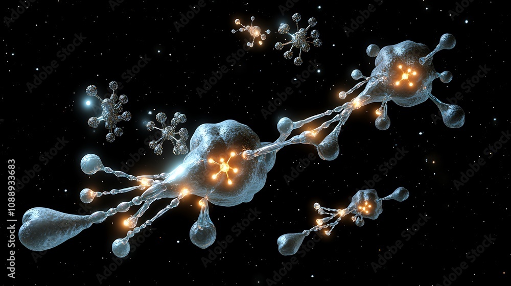 Poster Abstract 3D rendering of interconnected glowing neural network structures in space.
