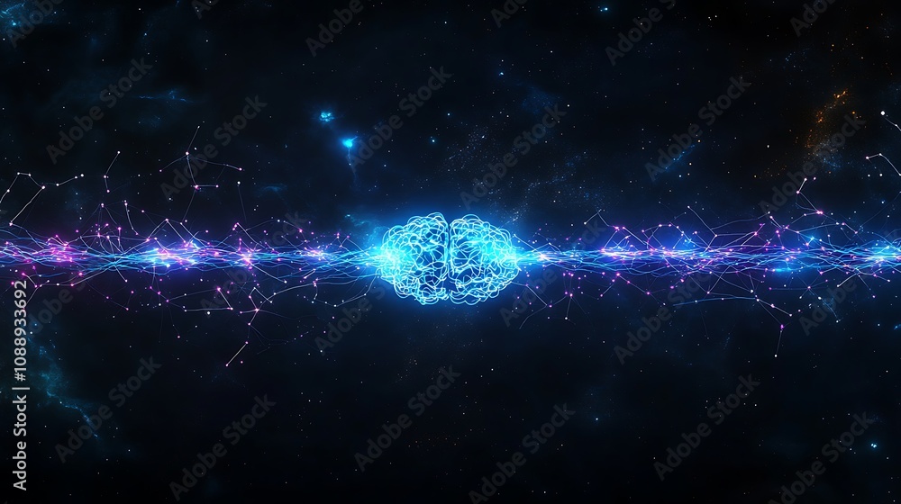 Poster Abstract glowing brain connected by energy flow in space.