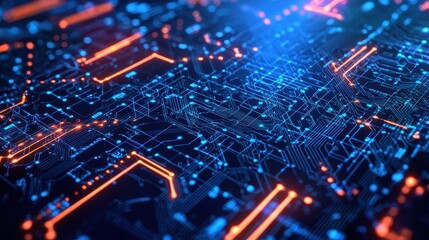 Obraz premium A vibrant, abstract representation of a digital circuit board, featuring glowing blue and orange lines against a dark background, evoking technology and innovation.