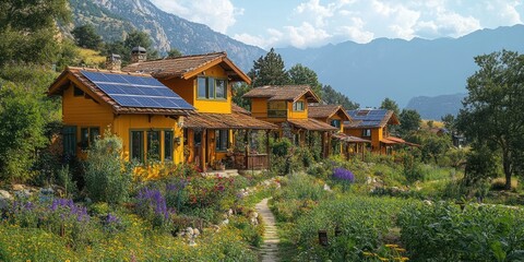 Eco-friendly yellow houses on a hillside with mountain views and vibrant flower gardens.