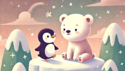 Charming Storybook Illustration of a Polar Bear and Penguin Sharing a Cozy and Gentle Moment with Soft Pastel Colors