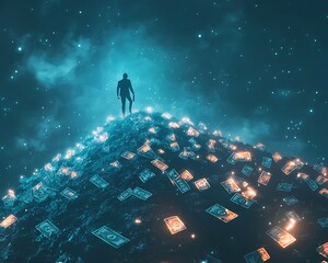 Businessperson Scaling Money Covered Hill Symbolizing Financial Obstacles