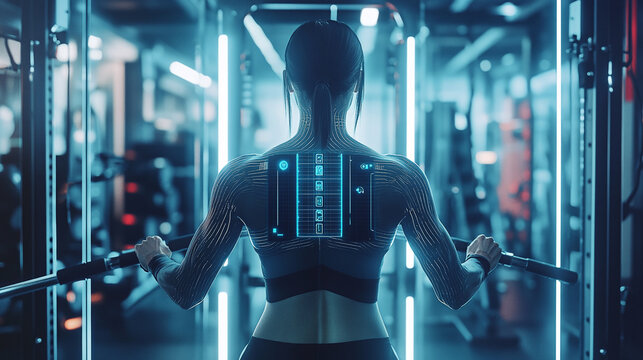 Woman in a futuristic gym setting with digital fitness tracking overlays, showcasing advanced technology for personalized health programs.