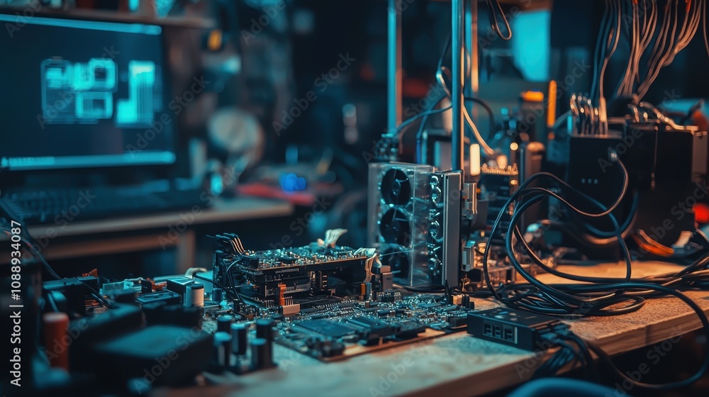 Poster a cluttered workspace featuring computer components, circuit boards, and cables, illuminated by blue