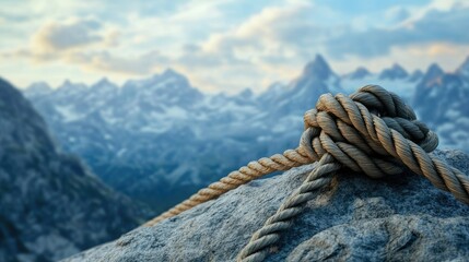 Fototapeta premium A realistic image of a rope knot secured to a rock, with a breathtaking mountain landscape in the background, symbolizing strength and adventure.