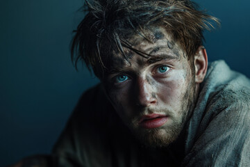 Fototapeta premium Young Caucasian male with rugged appearance and intense blue eyes, gazing thoughtfully in a moody, dimly lit setting.
