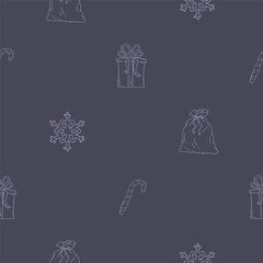 Christmas and New Year seamless pattern with licorice stick, snowflake, gifts and Santa's bag. Dark background with light pattern for design, decoration, wrapping paper, print