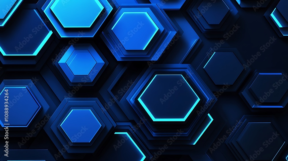 Poster Abstract 3D rendering of glowing blue hexagons, layered and overlapping, creating a dynamic technological background.