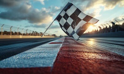 A close-up shot of a checkered flag waving at the finish line of a race , competition, speed, victory, winning