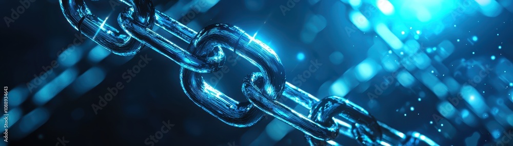 Poster a close-up of a metallic chain glistening in blue light, surrounded by bubbles, emphasizing strength
