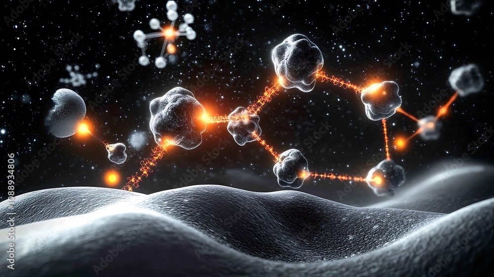 Poster microscopic view of glowing molecules connecting, forming a network on a cellular surface.