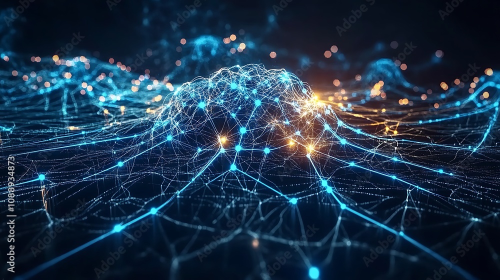 Poster abstract network, glowing nodes and connections forming a 3d landscape.