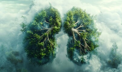 Clean lungs with trees and nature inside and smoke over them , clean, lungs, trees, nature, smoke, air, pollution, healthy