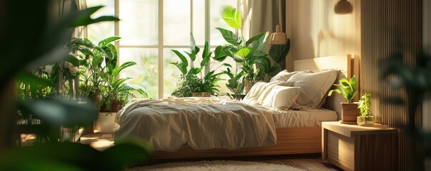 A serene bedroom filled with lush plants, featuring a cozy bed, natural light, and a warm, inviting atmosphere.