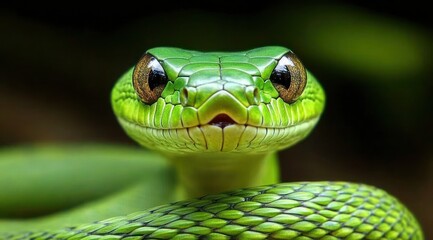 A close-up of a vibrant green snake showcasing its scales and striking eyes.