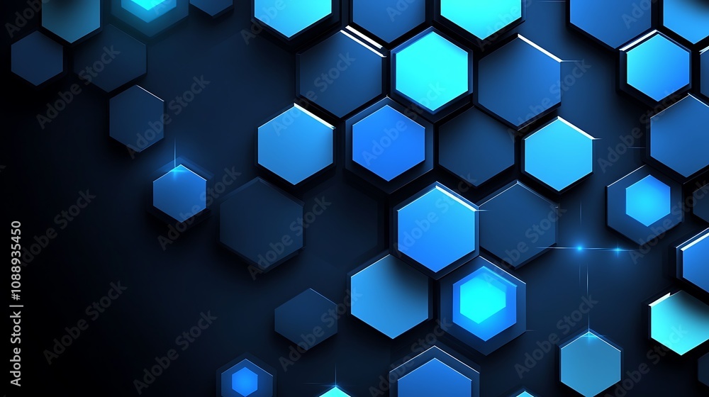 Poster abstract background with glowing blue hexagons, 3d geometric pattern.