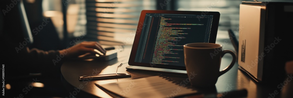 Aufkleber A laptop displaying code beside a coffee cup and notes in a cozy workspace.