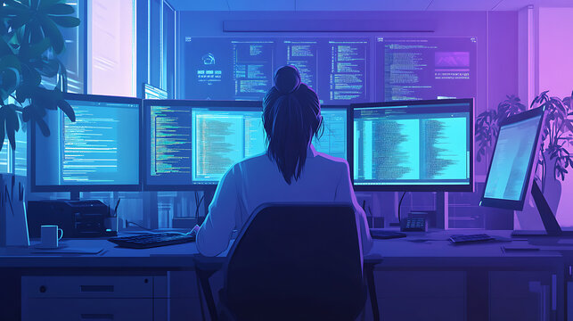 A female project manager overseeing developers coding on desktops in a bright workspace 