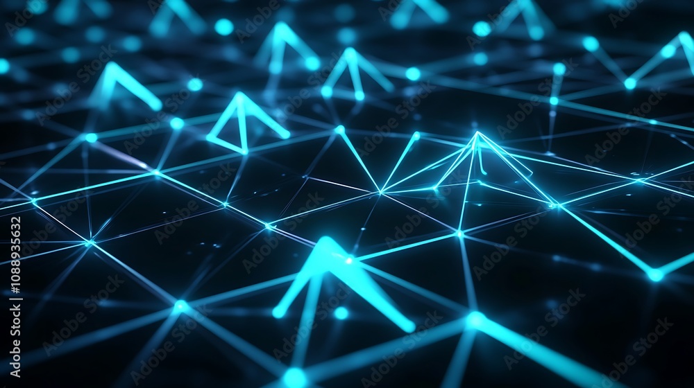 Poster Abstract blue glowing network connections, nodes and lines forming a grid pattern on a dark background.