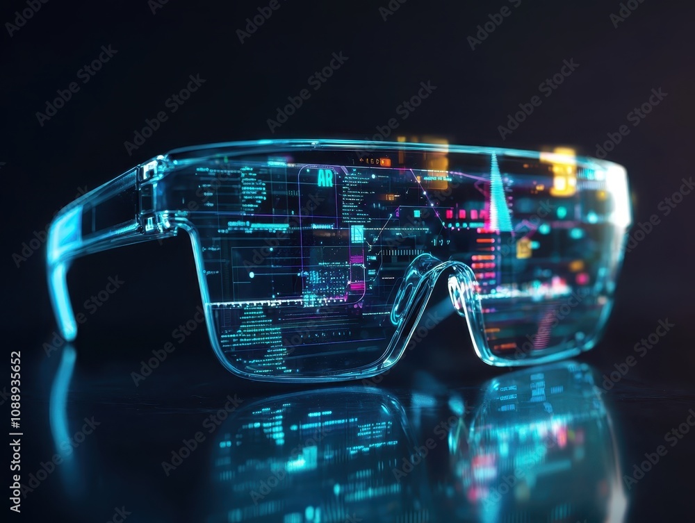 Poster futuristic transparent glasses displaying digital data with vibrant colors against a dark background