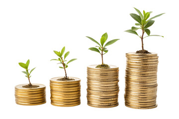 Gold coins stacked progressively taller, each adorned with a growing green plant, representing investment growth, sustainability, and eco-friendly wealth accumulation, On a transparent background