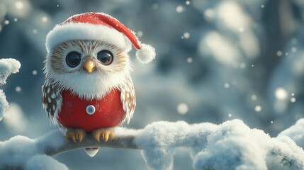 Owl dressed as Santa Claus, complete with a red suit, hat, and boots, perched on a snow covered branch